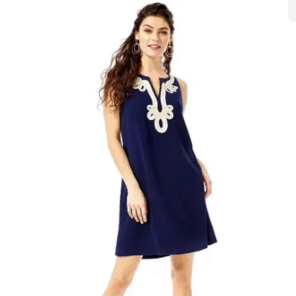 NWT $198 Lilly Pulitzer Cherlyn Soft Shirt Navy Blue Soutache Trim Dress Sz 00